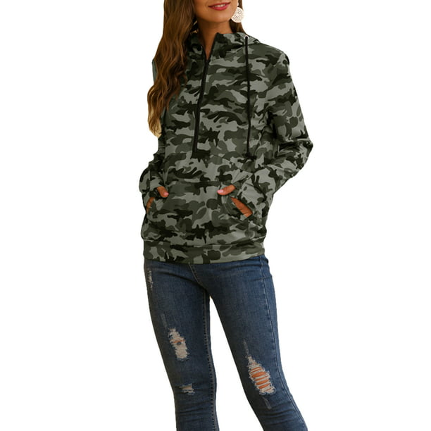 Women Camouflage Camo Hoodies Tops Sweatshirt Lady Hooded Jumper Pullover